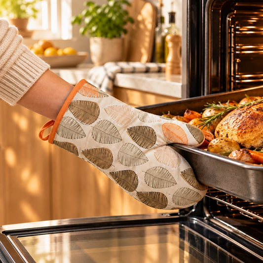 Single oven mitt with orange and tan leaf print used to take a roasting tray out of the oven