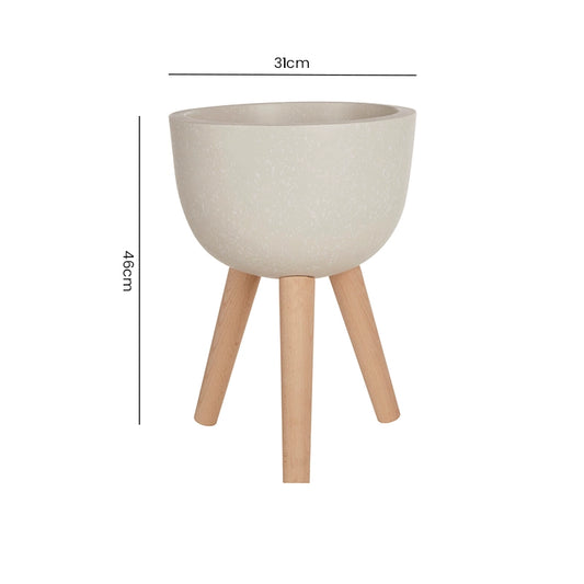 Dimension diagram of a small white round planter on a wooden tripod stand with height and width labelled