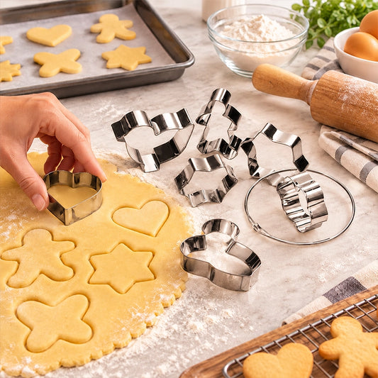 Hand pressing a stainless steel cookie cutter into rolled dough with star and heart shapes cut out