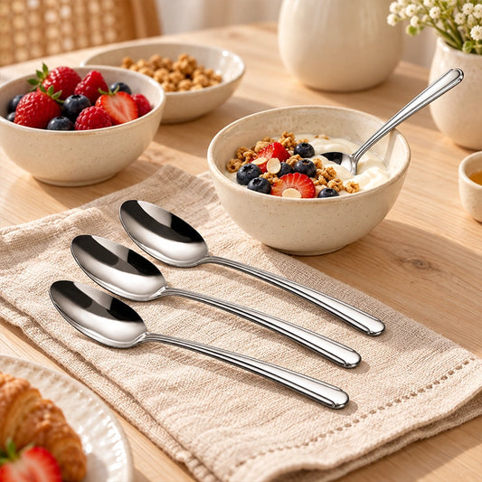 Stainless steel spoon set fanned out on a linen cloth beside a bowl of fresh berries and granola