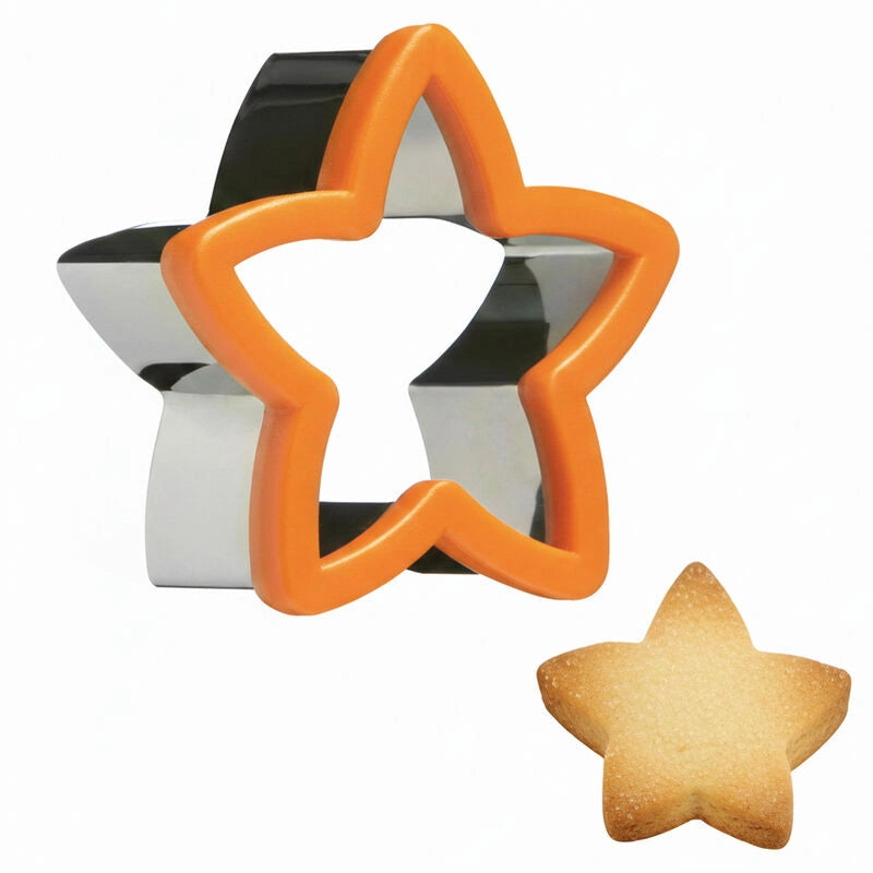 Stainless steel star cookie cutter with orange grip and a baked star cookie on a white background