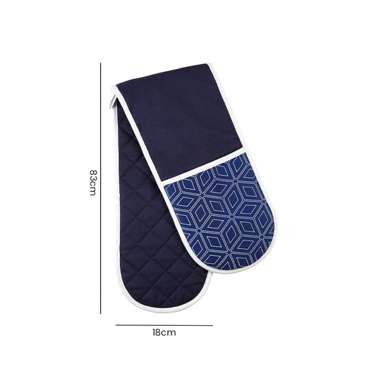 Navy blue double oven mitts with geometric pattern, product flat lay showing 18cm width