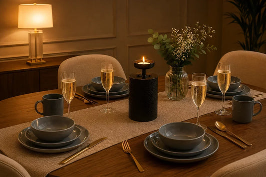 Luxury dining accessories in Pakistan with elegant tableware, glassware, gold cutlery and candlelit table styling