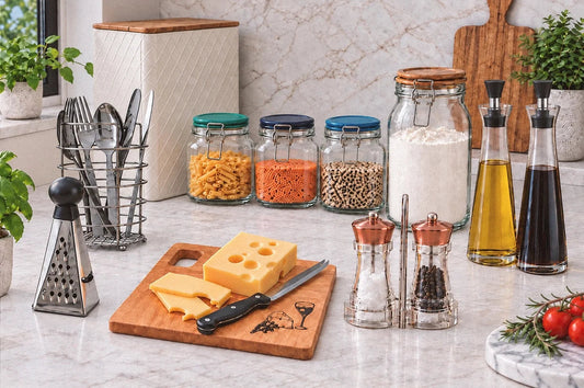 **SEO-Optimized Image Alt Text:** Kitchen accessories including storage jars, utensils, chopping board, cheese grater, knife, oil bottles and spice grinders arranged on a modern kitchen countertop.