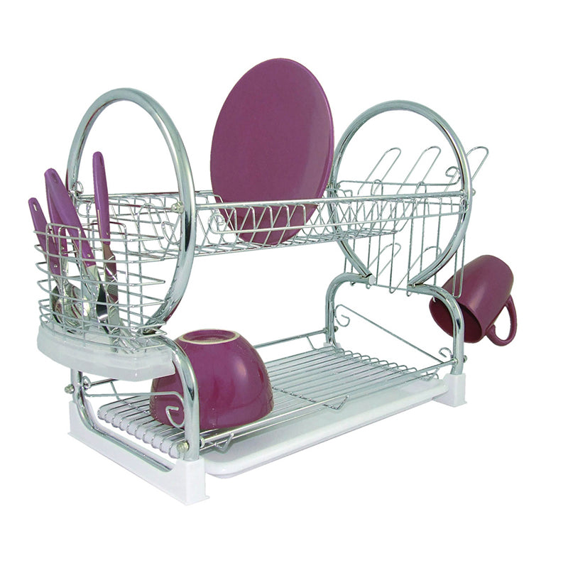 Dish drainer with white plastic tray for kitchen organization and drying dishes – essential kitchen accessory.