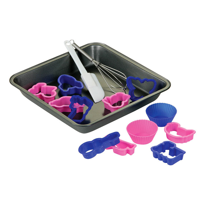 Baking set including various molds, measuring cups, and utensils, perfect for kitchen accessories.