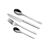 16-piece stainless steel cutlery set with knife, spoon, fork, and tea spoon.