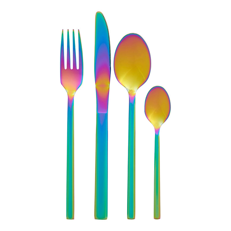 Stainless steel cutlery set, including forks, knives, spoons, and teaspoons, arranged in dining table.