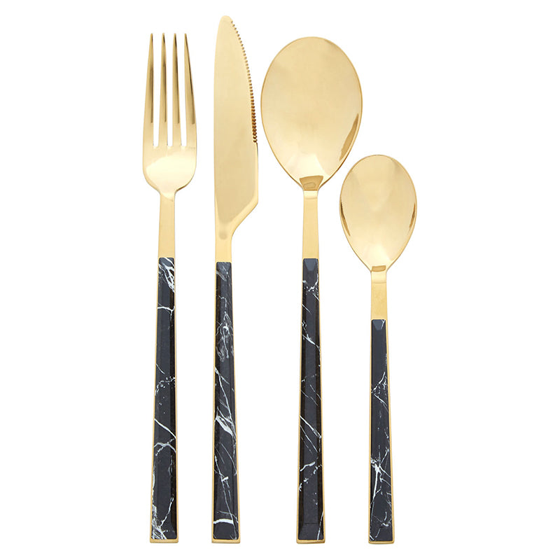 Marble handle and gold-finished cutlery set with modern design, including forks, knives, and spoons.