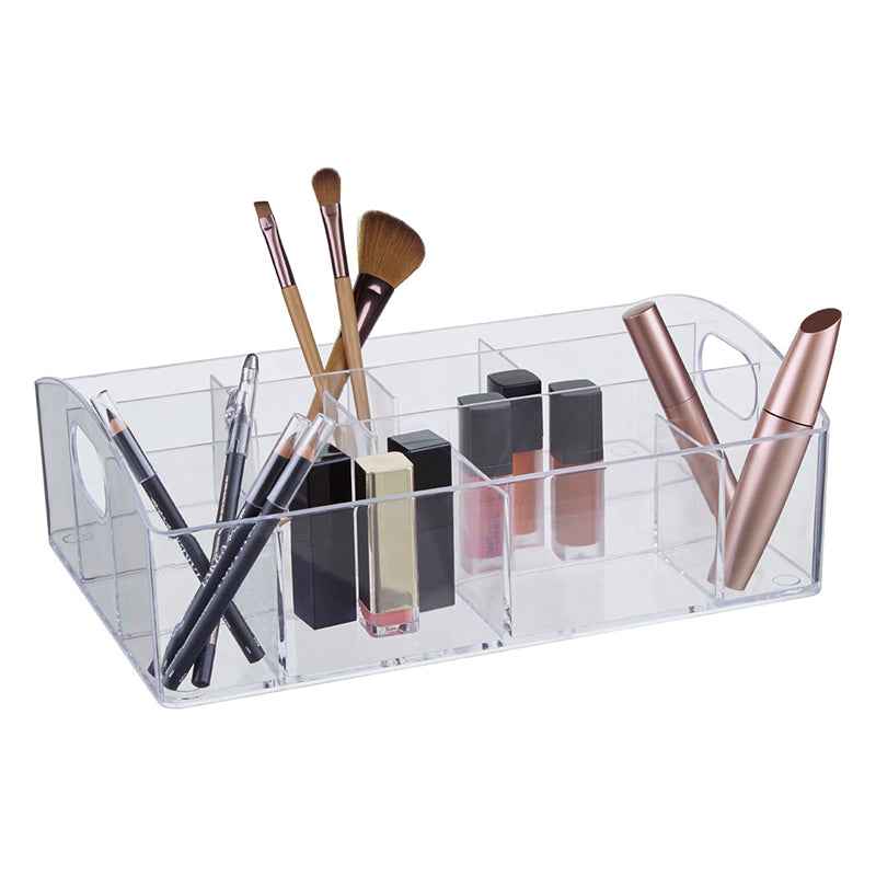 Clear cosmetic organizer with 10 compartments, stylish design for storing makeup, brushes, and beauty accessories in one place.