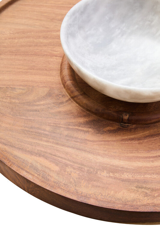 Kora Acacia Wood And White Marble Chip And Dip Platter