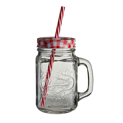 Embossed Mason Jar Mug With Red Gingham Lid