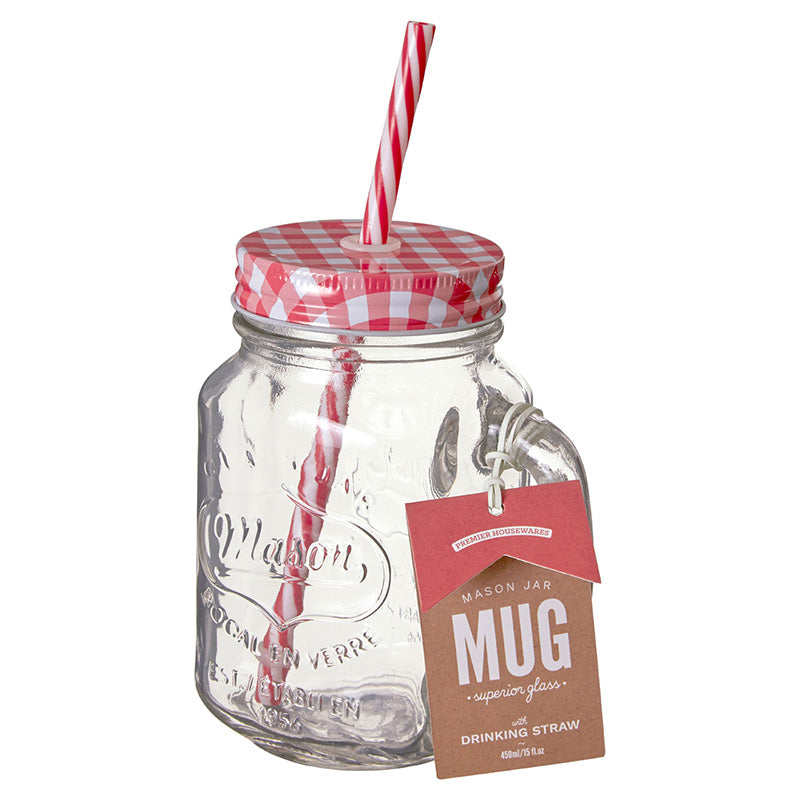 Embossed Mason Jar Mug With Red Gingham Lid