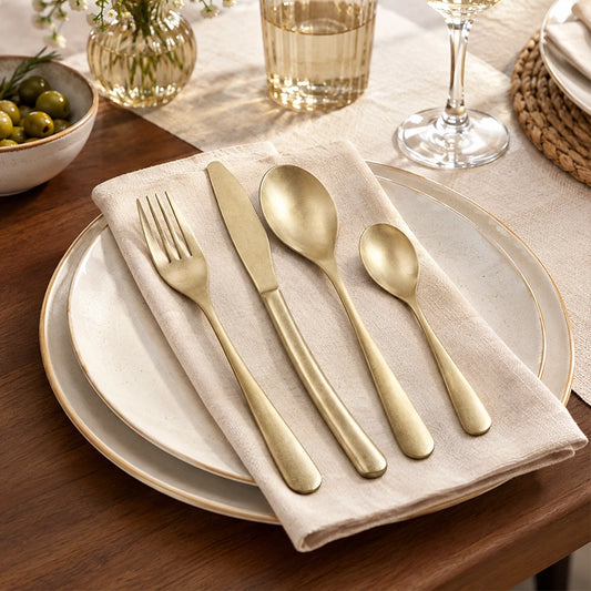 16 piece gold cutlery set with fork, knife, and spoons resting on a linen napkin on a wooden table