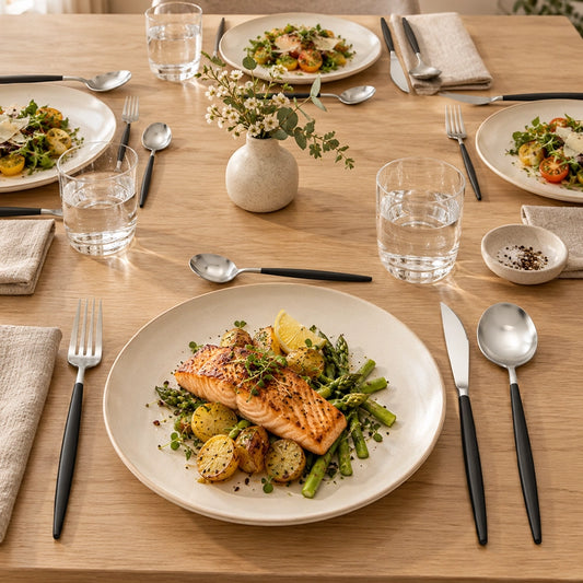 16-piece silver and black cutlery set with fork, knife and spoon laid beside a plated fish dish on a wooden dining table