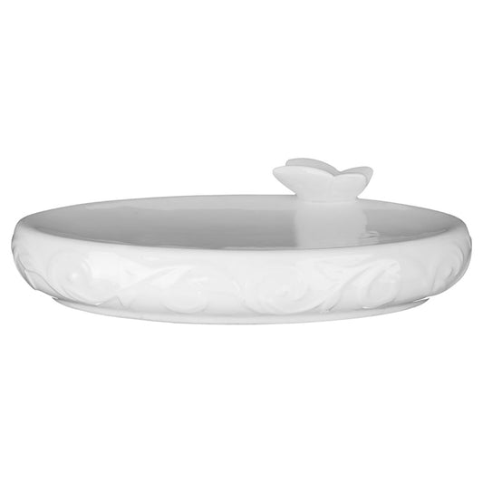 Porcelain soap dish with a sleek design, perfect for adding a touch of sophistication to any bathroom decor.