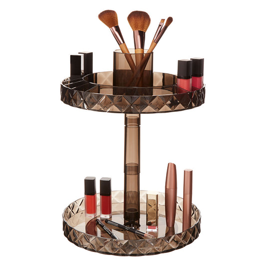 Two-tier cosmetic organizer for efficient makeup storage and organization.