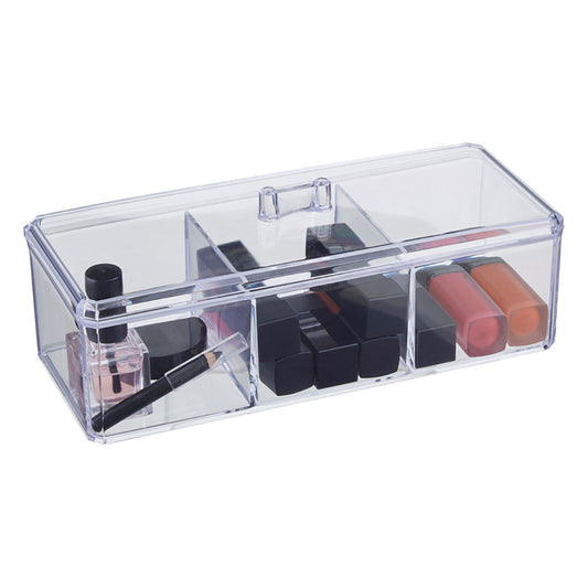 Cosmetics organizer with lid, designed for bathroom accessories, featuring multiple compartments for organizing makeup and toiletries.