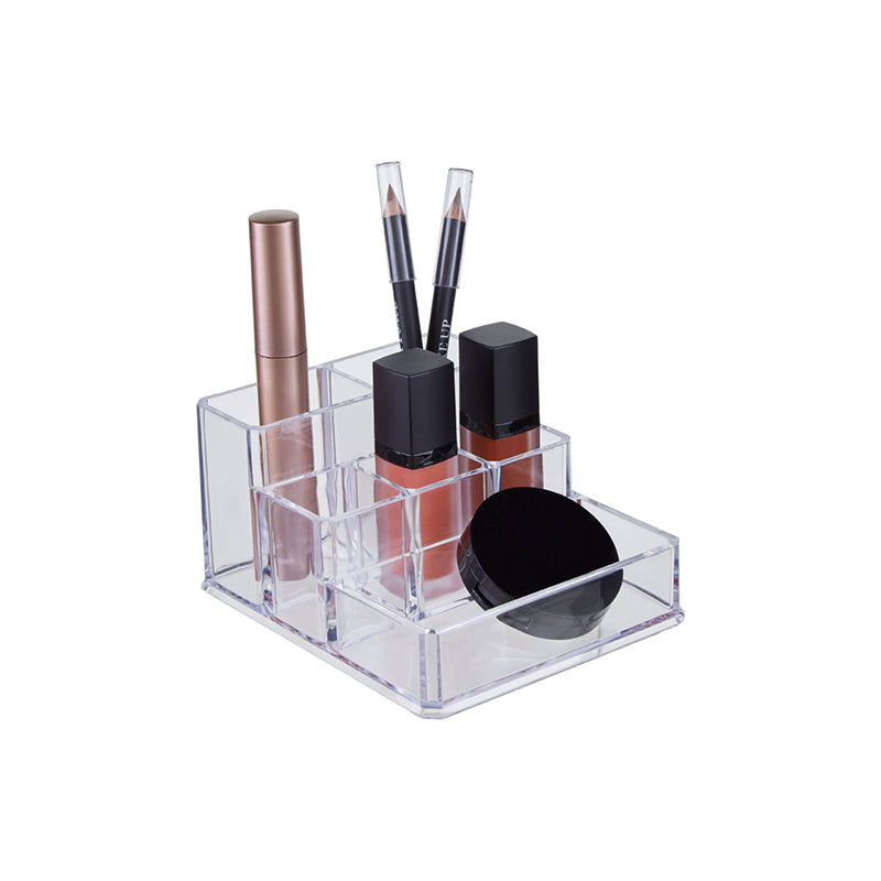 Makeup organizer with 6 compartments for organization of beauty products.