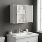 White 2-door wall cabinet above bathroom sink with open shelves and toiletries