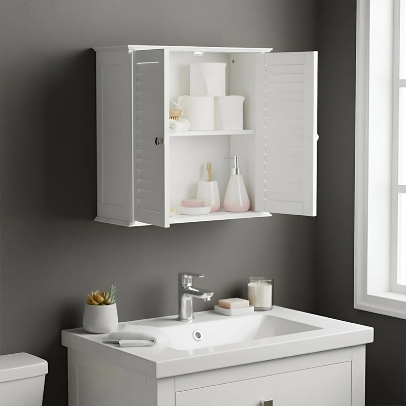 White 2-door wall cabinet above bathroom sink with open shelves and toiletries