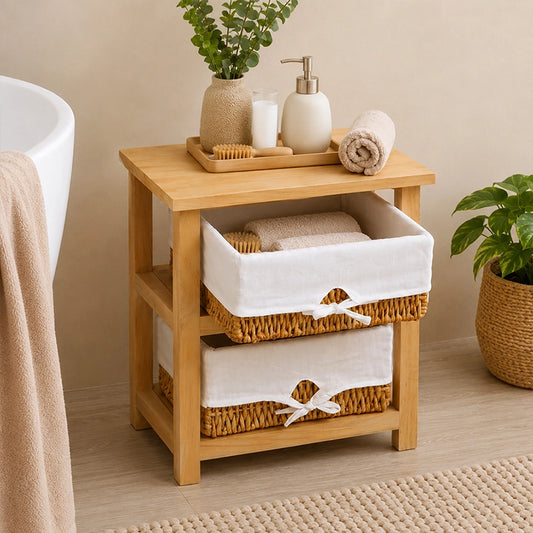 Compact wooden storage unit with two maize baskets beside bathtub