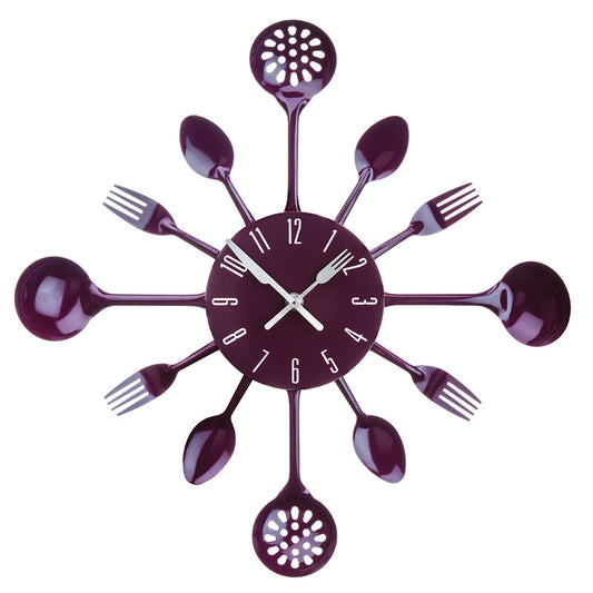 Purple Cutlery Metal Wall Clock - a unique home decor accessory perfect for your kitchen.