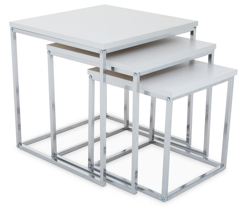 White Nest Of 3 Tables With Chrome Frame