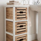 Close-up of white and wood 3-drawer storage chest with black handles