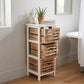 Tall 3-drawer bathroom storage chest in white and wood beside bathtub