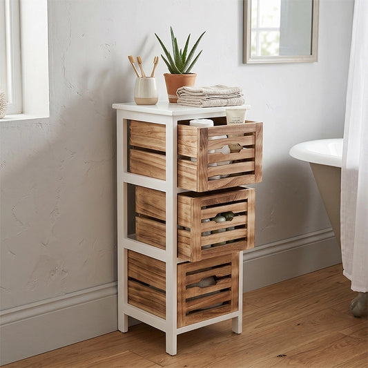 Tall 3-drawer bathroom storage chest in white and wood beside bathtub