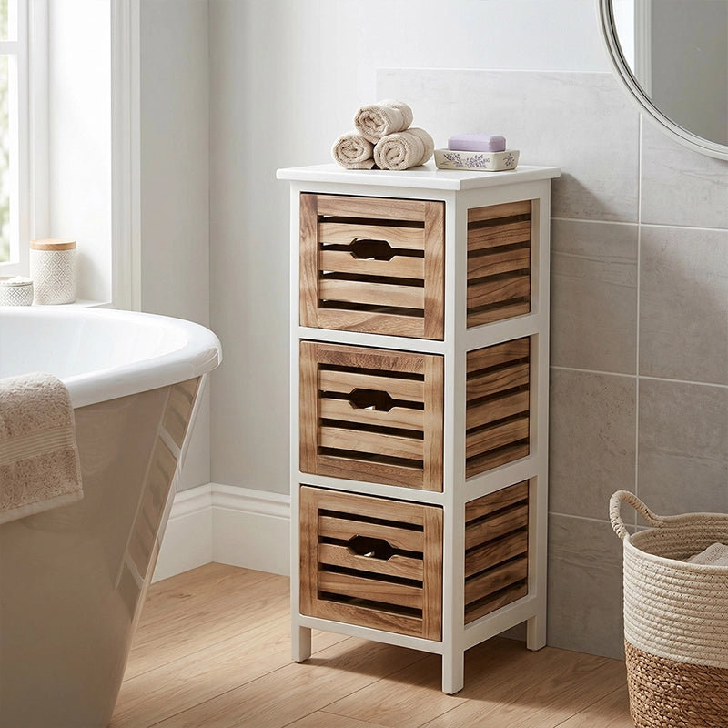 Slim 3-drawer bathroom chest with wooden drawers and white frame
