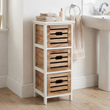 White and wood 3-drawer bathroom chest with towels and storage drawers