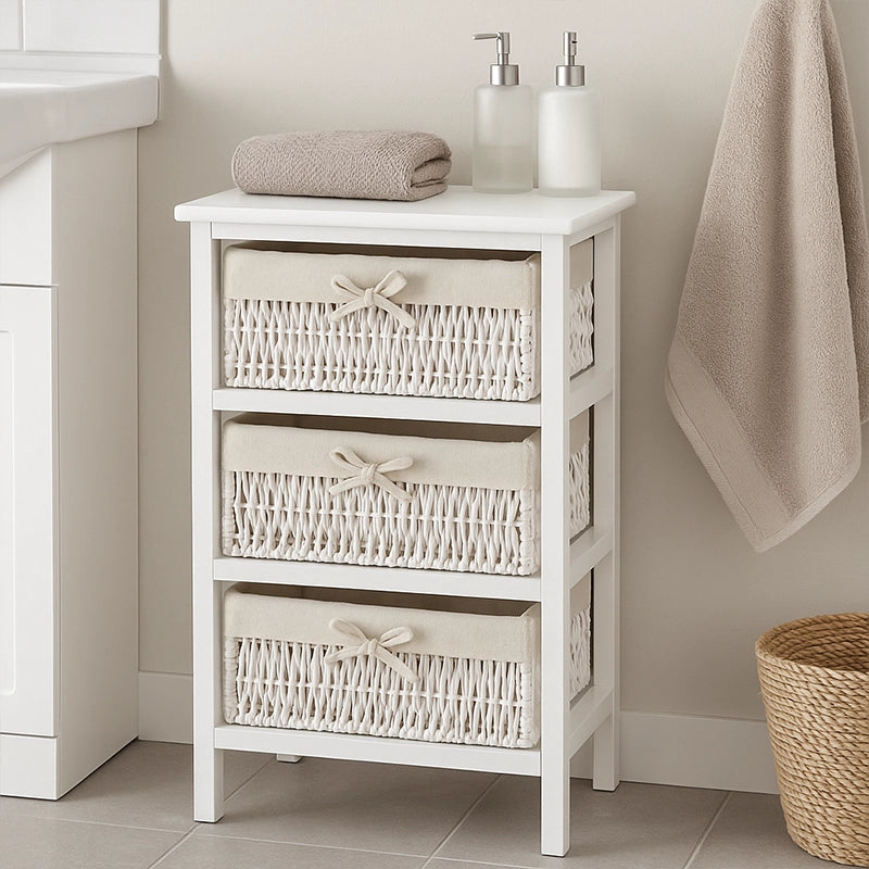 White bathroom storage unit with three woven maize baskets and toiletries on top
