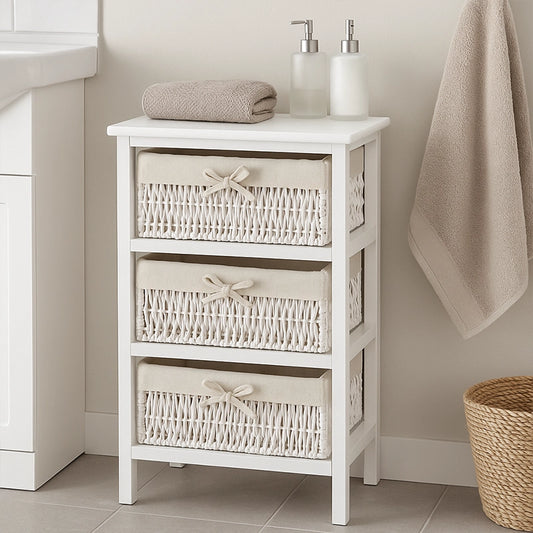 White bathroom storage unit with three woven maize baskets and toiletries on top