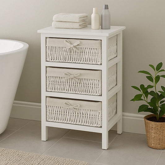 White 3-basket storage unit with woven drawers beside bathtub and plant