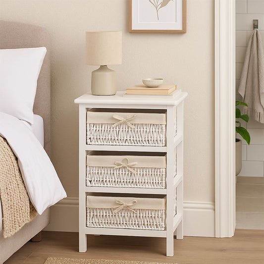 White storage unit with three maize baskets beside bed for bedroom organisation