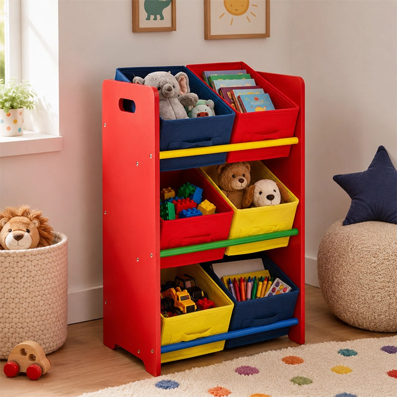 Red and blue kids toy organiser with three open storage tiers and books