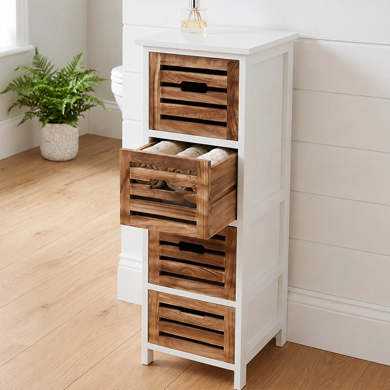 White 4-drawer storage chest with wooden crate drawers, one drawer open