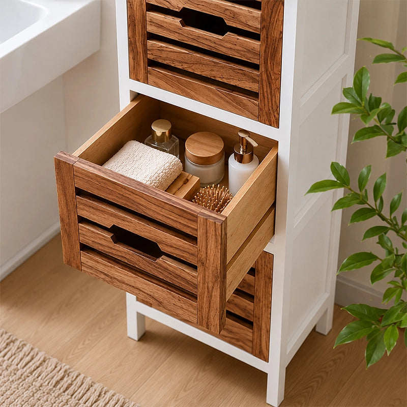 Open wooden drawer chest showing bathroom towels and toiletries inside