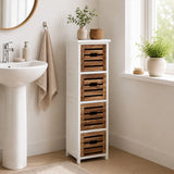 Slim white and wood 4-drawer bathroom chest beside sink and window