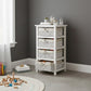 White bathroom storage unit with four maize baskets and toiletries on top
