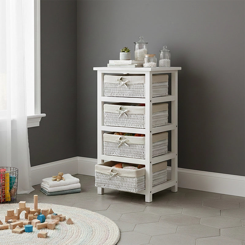 White bathroom storage unit with four maize baskets and toiletries on top