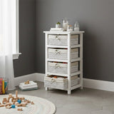 White bathroom storage unit with four maize baskets and toiletries on top