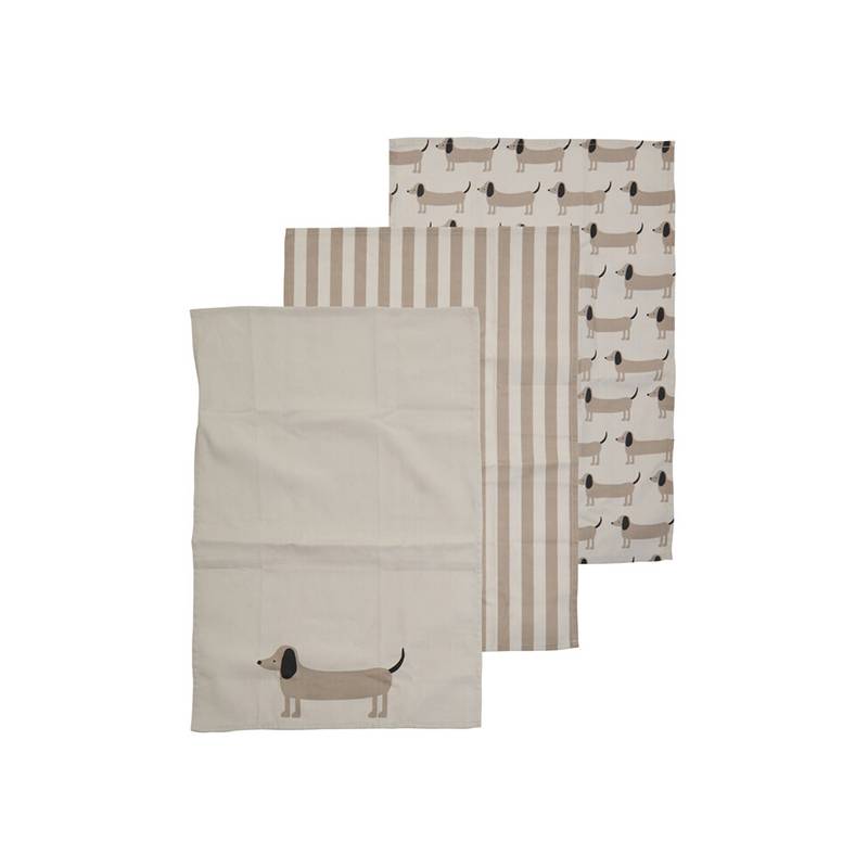 Set Of Three Sausage Dog Tea Towels