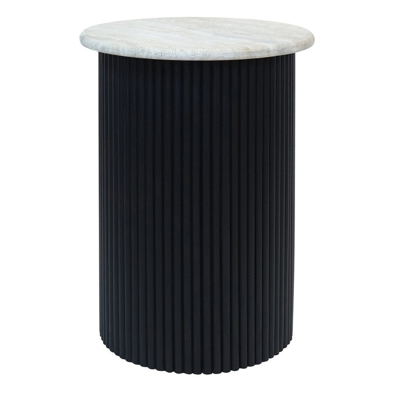 Walton Travertine Top Side Table with Black Acacia Wood Base