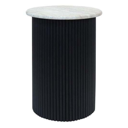 Walton Travertine Top Side Table with Black Acacia Wood Base