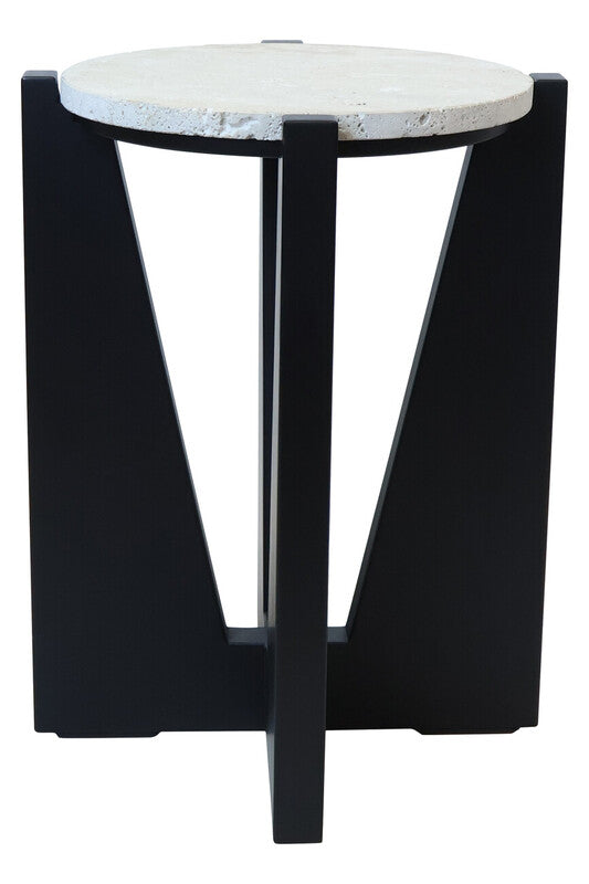 Winton Travertine Top Side Table With Black Acacia Wood Frame