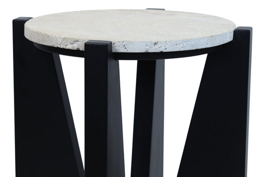Winton Travertine Top Side Table With Black Acacia Wood Frame