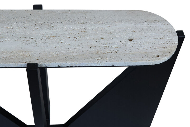 Winton Travertine Top Console Table With Black Acacia Wood Frame